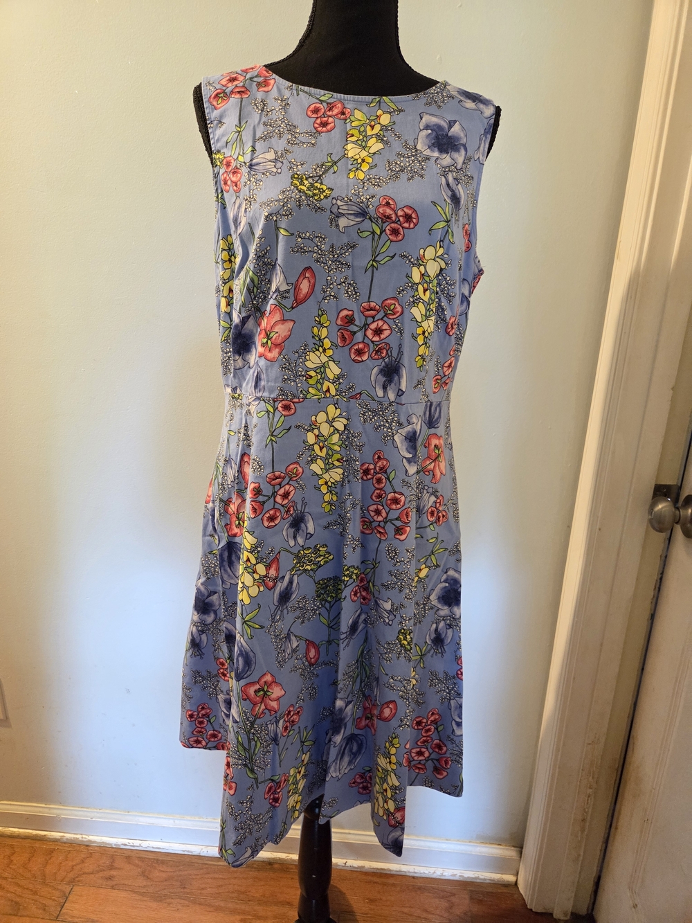 Talbots Light Blue Floral Midi Dress with Red and Yellow Accents